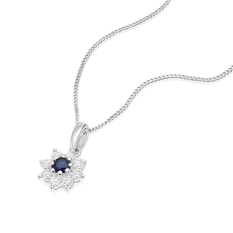 Main Image 2 of 9ct White Gold Blue Sapphire & 0.25ct Diamond Flower Pendant