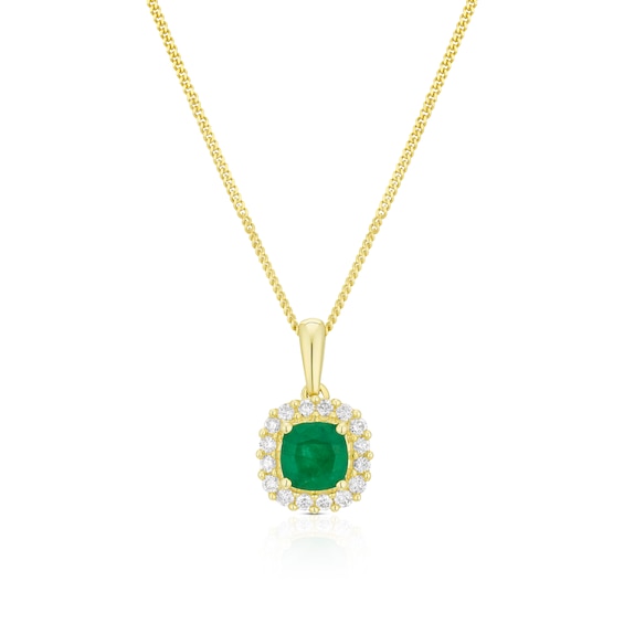 9ct Yellow Gold Emerald and 0.15ct Diamond Cushion Halo Pendant