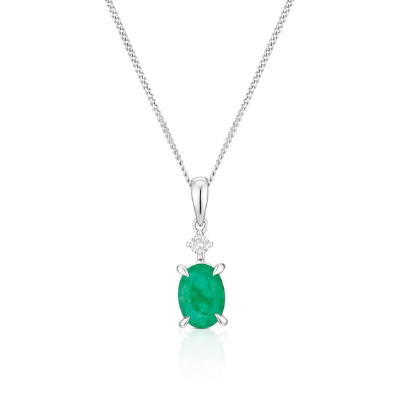9ct White Gold Emerald and Diamond Pendant Necklace