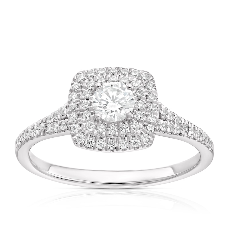 Main Image 1 of Engagement Ring 18ct White Gold & Platinum 0.50ct Diamond Cushion Double Halo Ring