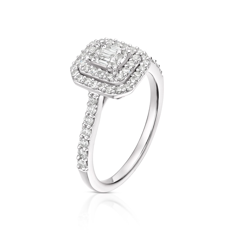 Platinum 0.50ct Diamond Emerald Shaped Double Halo Ring