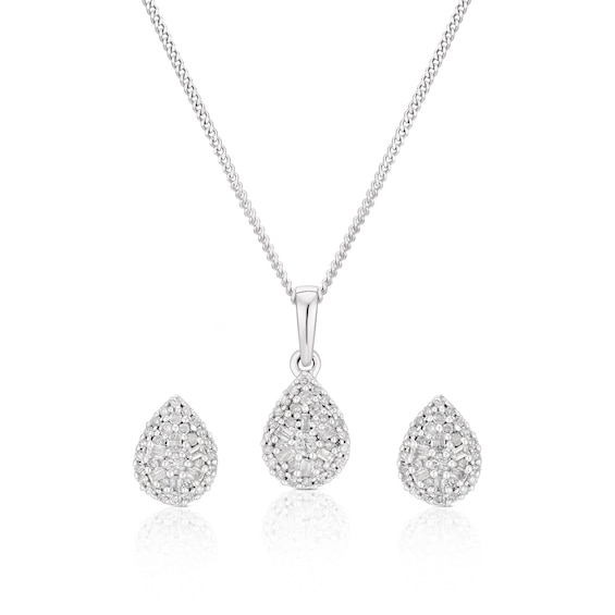 9ct White Gold 0.30ct Diamond Total Cluster Stud Earring and Pendant Set
