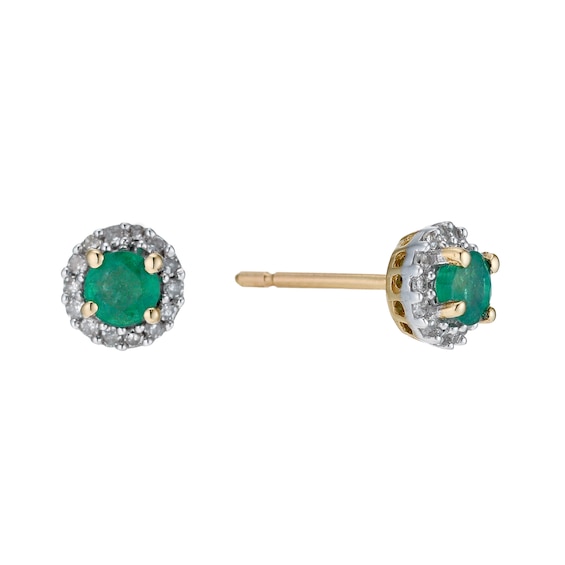 9ct Yellow Gold Emerald and 0.10ct Diamond Stud Earrings
