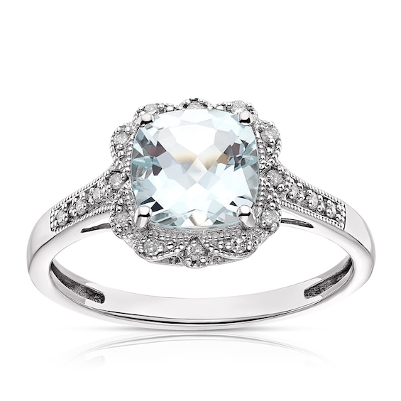 9ct White Gold Vintage Style Aquamarine & Diamond Ring