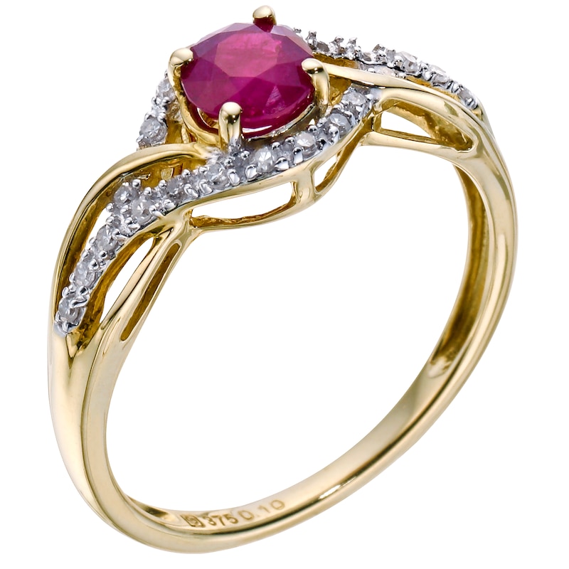 Main Image 1 of 9ct Yellow Gold Ruby & 0.10ct Diamond Twist Ring