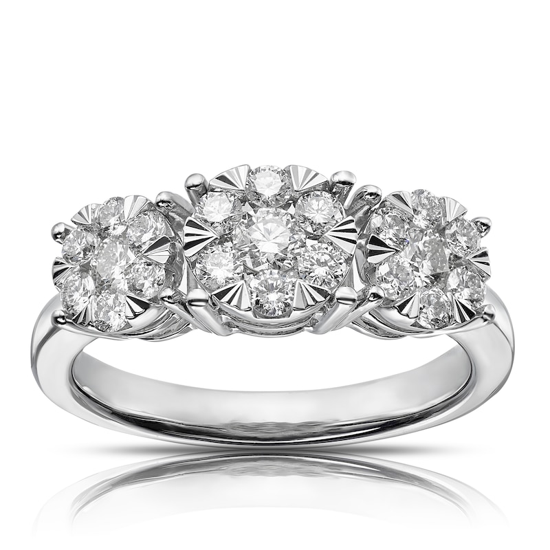 Main Image 1 of 9ct White Gold 0.75ct Total Diamond Cluster Trilogy Ring