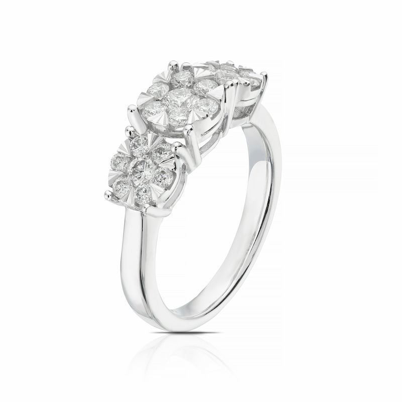 9ct White Gold 0.75ct Total Diamond Cluster Trilogy Ring