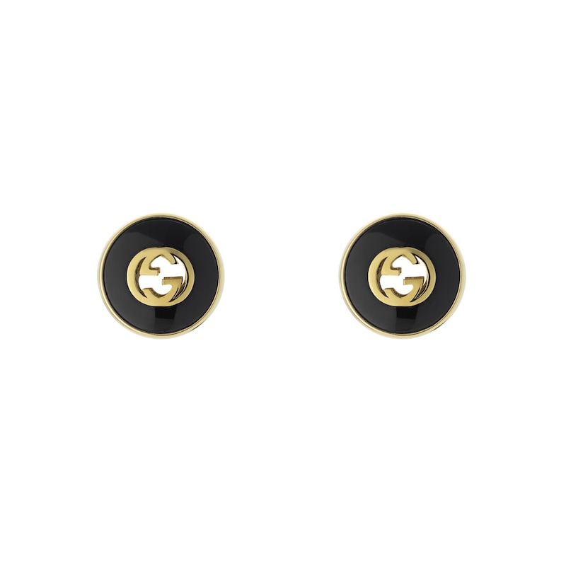 Gucci Interlocking 18ct Yellow Gold & Onyx Round Stud Earrings