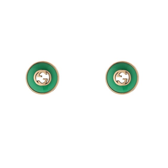 Gucci Interlocking 18ct Rose Gold Green Agate Round Stud Ear