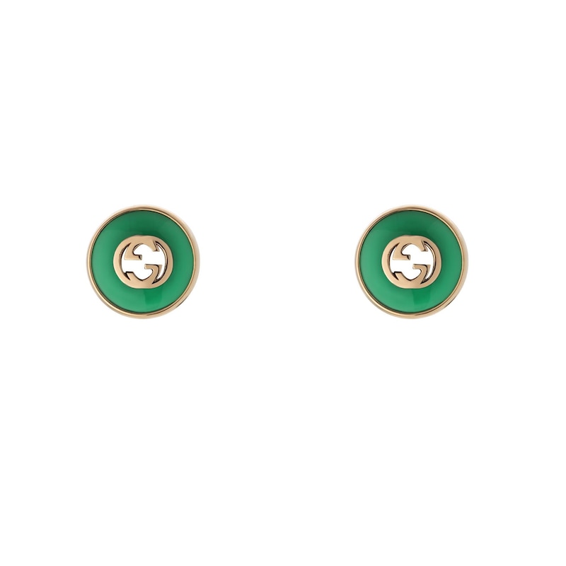 Gucci Interlocking 18ct Rose Gold Green Agate Round Stud Earrings
