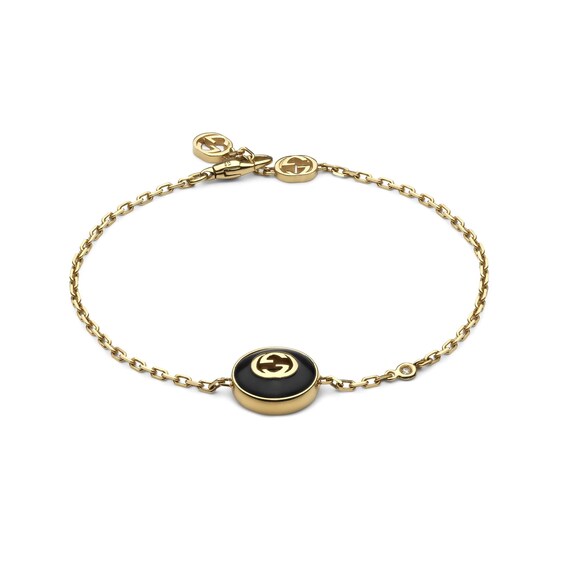 Gucci Interlocking 18ct Yellow Gold Diamond and Onyx Bracelet