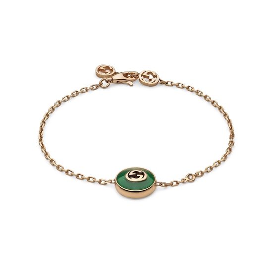 Gucci Interlocking 18ct Rose Gold Diamond and Green Agate Br