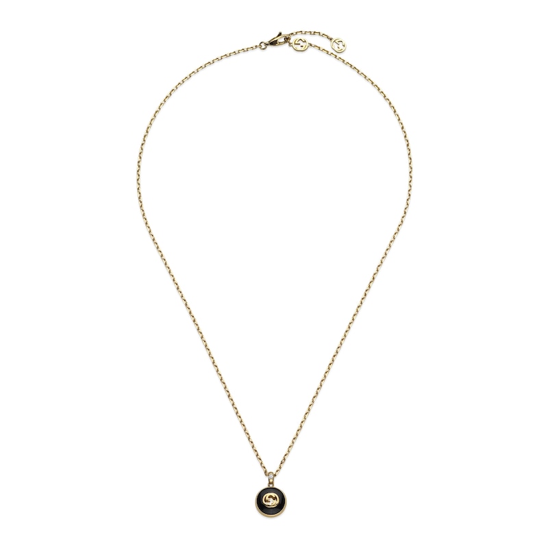 Gucci Interlocking 18ct Yellow Gold Diamond & Onyx Pendant Necklace
