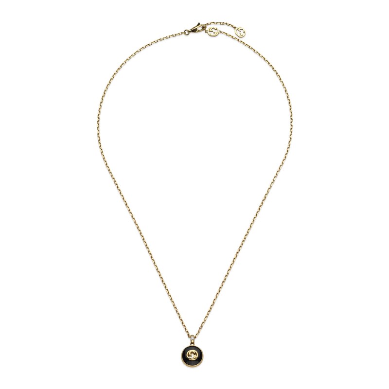 Main Image 1 of Gucci Interlocking 18ct Yellow Gold Diamond & Onyx Pendant Necklace