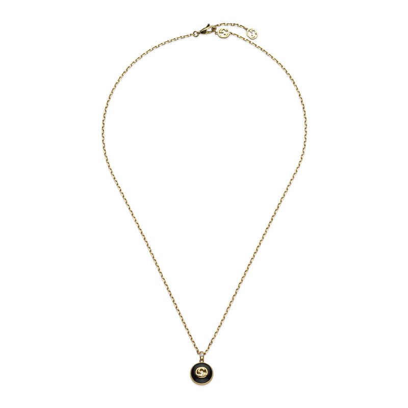 Gucci Interlocking 18ct Yellow Gold Diamond & Onyx Pendant Necklace