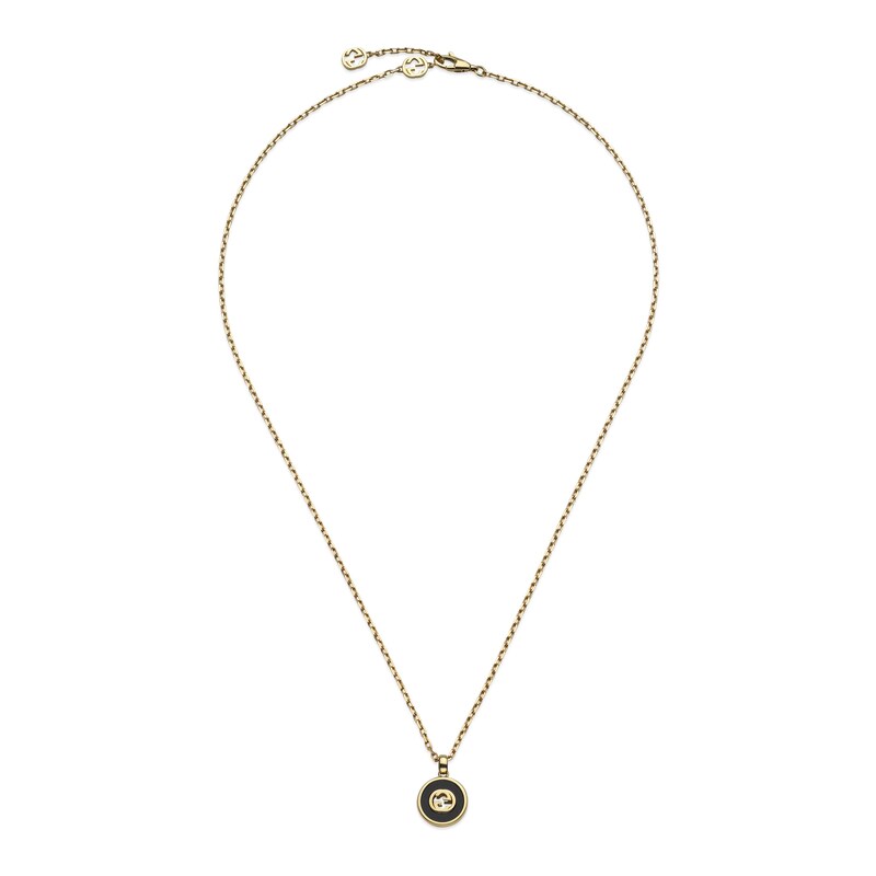 Gucci Interlocking 18ct Yellow Gold Diamond & Onyx Pendant Necklace