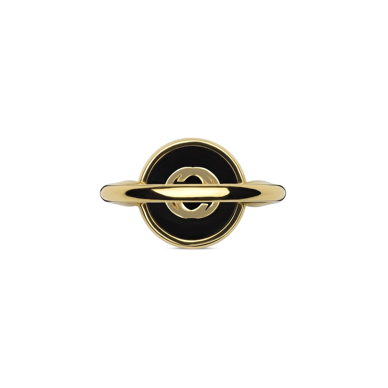 Gucci Interlocking 18ct Yellow Gold Diamond & Onyx Round Ring (Size L)