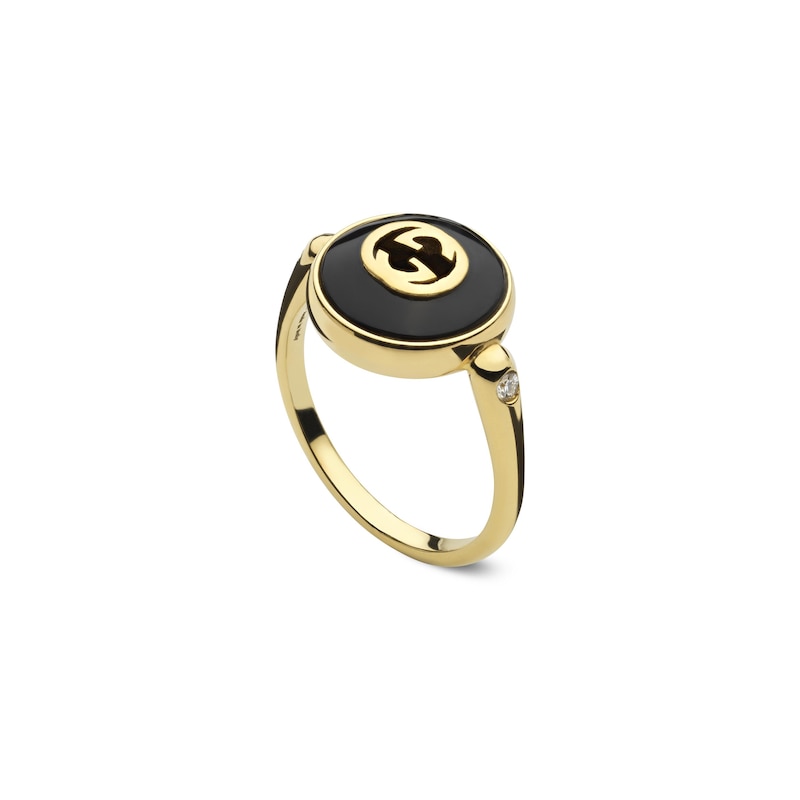 Main Image 1 of Gucci Interlocking 18ct Yellow Gold Diamond & Onyx Round Ring (Size N-O)