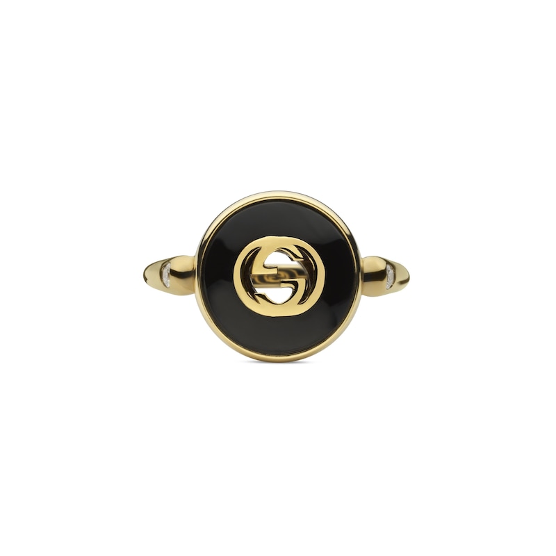 Gucci Interlocking 18ct Yellow Gold Diamond & Onyx Round Ring (Size N-O)
