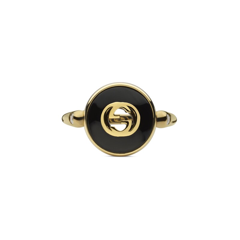 Main Image 2 of Gucci Interlocking 18ct Yellow Gold Diamond & Onyx Round Ring (Size N-O)