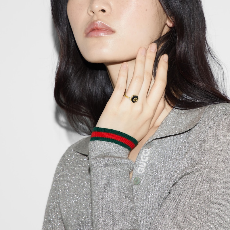 Main Image 5 of Gucci Interlocking 18ct Yellow Gold Diamond & Onyx Round Ring (Size N-O)