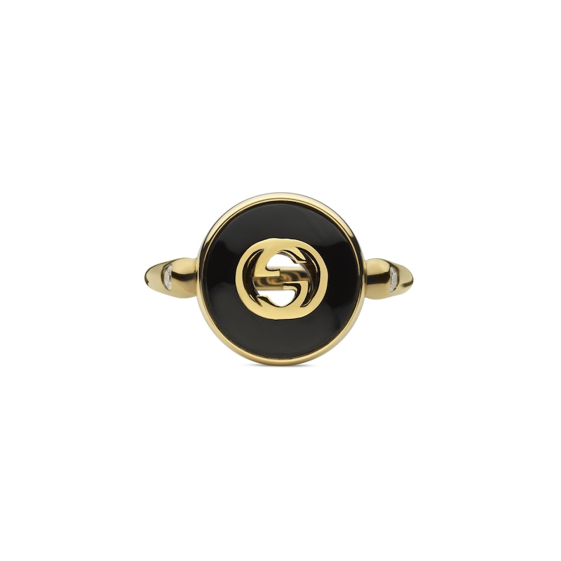 Main Image 2 of Gucci Interlocking 18ct Yellow Gold Diamond & Onyx Round Ring (Size P)
