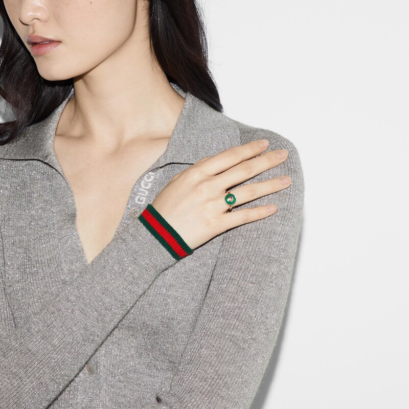 Main Image 5 of Gucci Interlocking 18ct Rose Gold & Green Agate Round Ring (Size M-N)