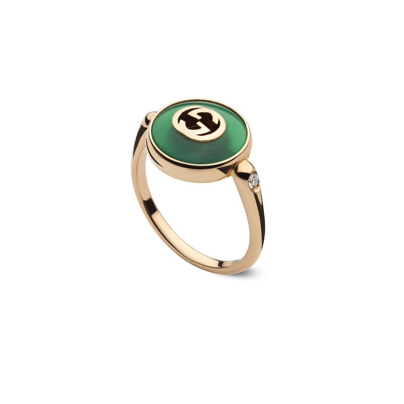 Gucci Interlocking 18ct Rose Gold & Green Agate Round Ring (Size O-P)