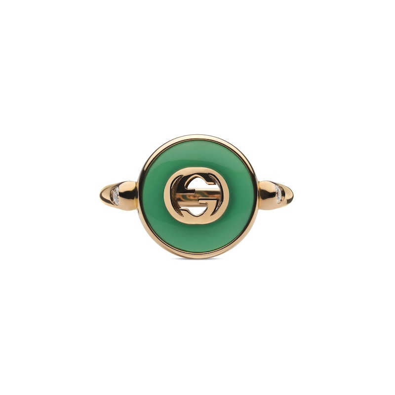 Gucci Interlocking 18ct Rose Gold & Green Agate Round Ring (Size O-P)