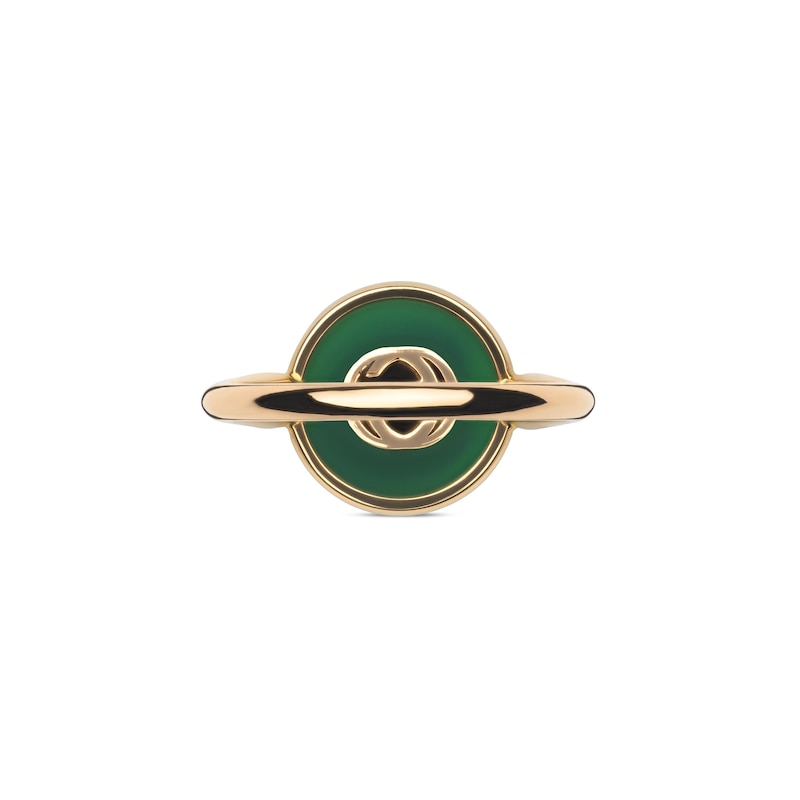 Gucci Interlocking 18ct Rose Gold & Green Agate Round Ring (Size O-P)