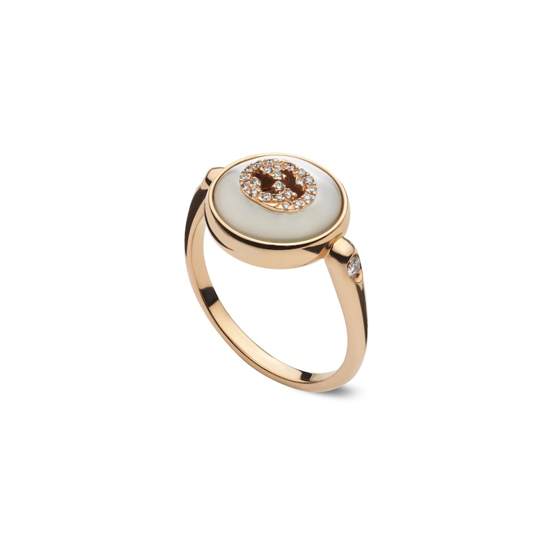 Gucci Interlocking 18ct Rose Gold Diamond & Mother Of Pearl Ring (Size L)