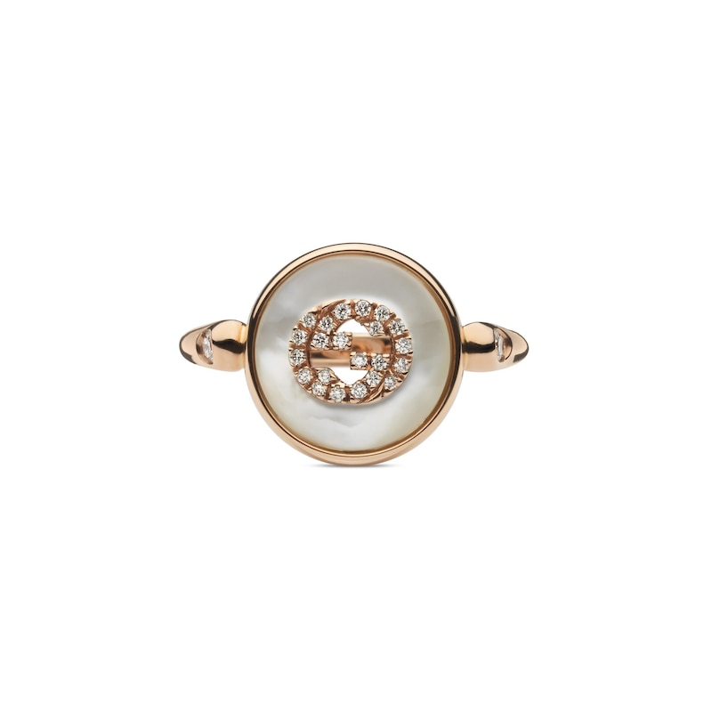 Gucci Interlocking 18ct Rose Gold Diamond & Mother Of Pearl Ring (Size L)