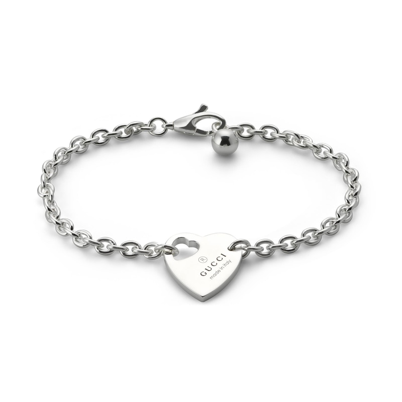 Gucci Trademark Sterling Silver Heart Shaped Pendant Chain Bracelet
