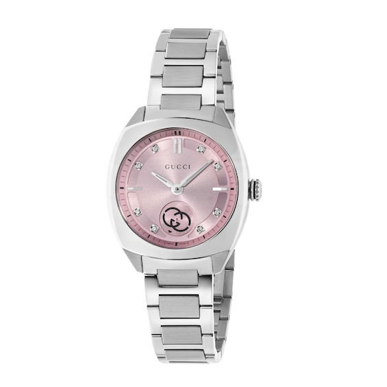 Gucci Interlocking Pink Diamond Dial and Stainless Steel Bra
