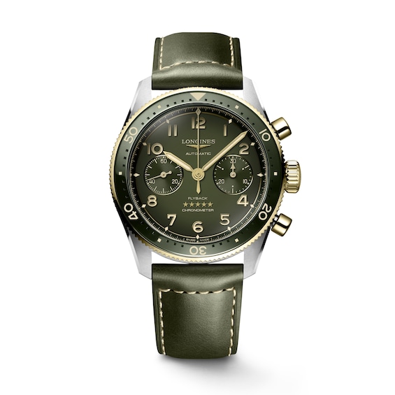 Men's Longines Spirit Flyback Chronograph Green Leather Strap Watch