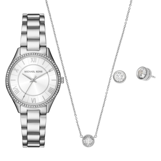 Michael Kors Lauryn Stainless Steel Watch, Silver Tone Neckl