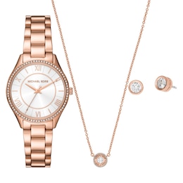 Michael Kors Lauryn Rose Gold Tone Bracelet Watch, Necklace & Earrings Giftset