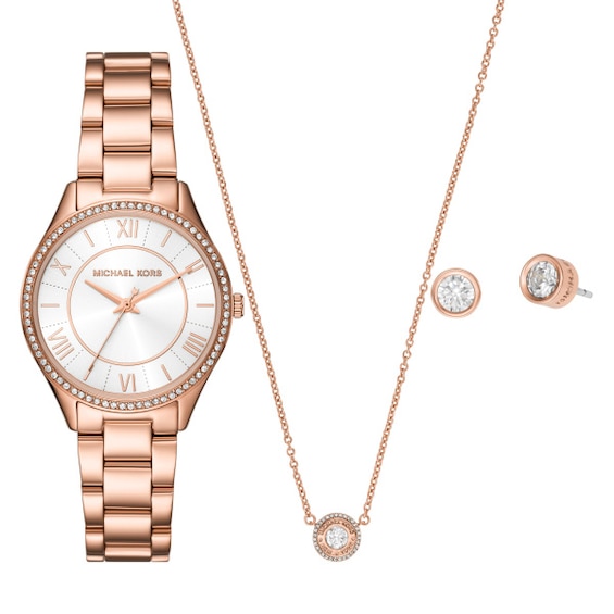 Michael Kors Lauryn Rose Gold Tone Bracelet Watch, Necklace 