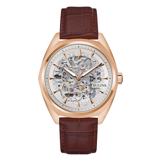 Bulova Surveyor Skeleton Dial and Brown Leather Strap Watch