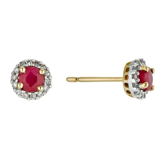 9ct Yellow Gold Ruby and 0.10ct Diamond Stud Earrings