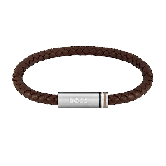 Men's Boss Ares Single Braided Brown Leather 7.8" Bracelet