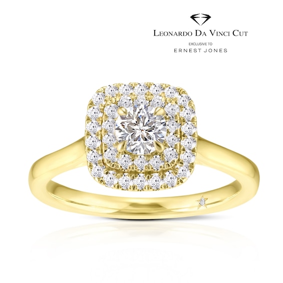Engagement Ring Leonardo Da Vinci Cut 18ct Yellow Gold Cushion Double Halo 0.50ct Diamond Ring