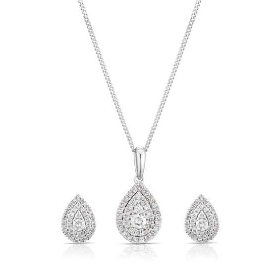 9ct White Gold 0.50ct Diamond Pear Earring and Necklace Jewe
