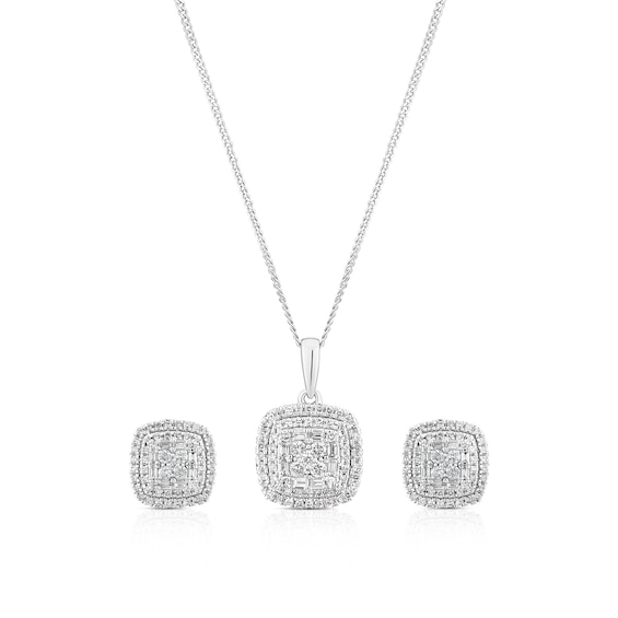 9ct White Gold 0.50ct Diamond Cushion Shaped Earring and Nec