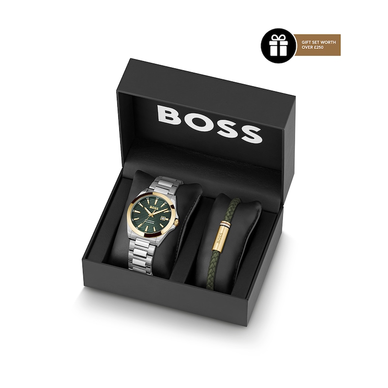 Main Image 1 of BOSS Strike Mesh Stainless Steel Watch & Green Leather Bracelet Gift Set
