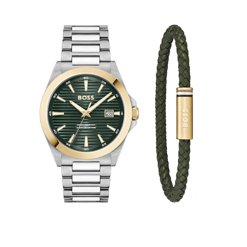 Main Image 2 of BOSS Strike Mesh Stainless Steel Watch & Green Leather Bracelet Gift Set