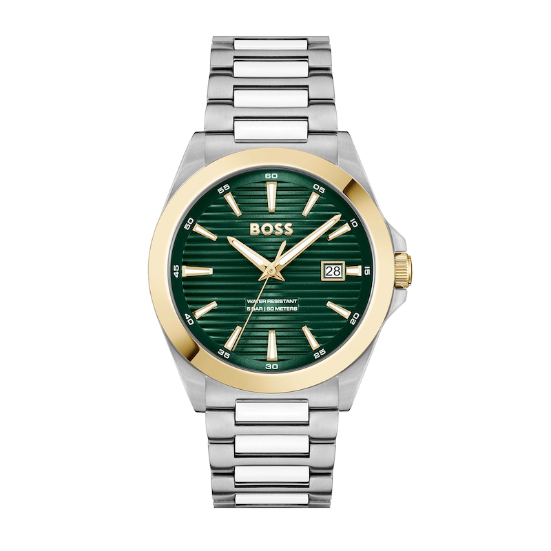 Main Image 3 of BOSS Strike Mesh Stainless Steel Watch & Green Leather Bracelet Gift Set