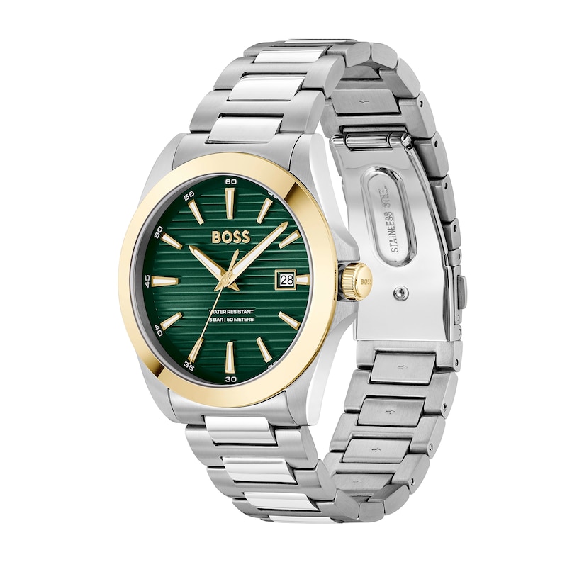Main Image 4 of BOSS Strike Mesh Stainless Steel Watch & Green Leather Bracelet Gift Set