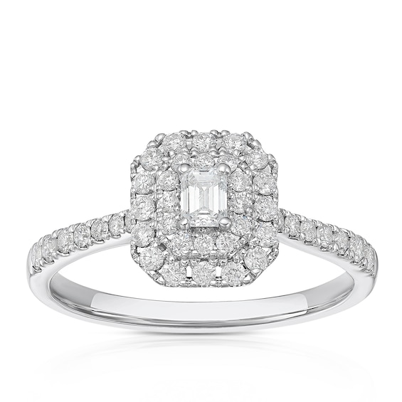 18ct White Gold 0.50ct Diamond Emerald Shaped Double Halo Ring