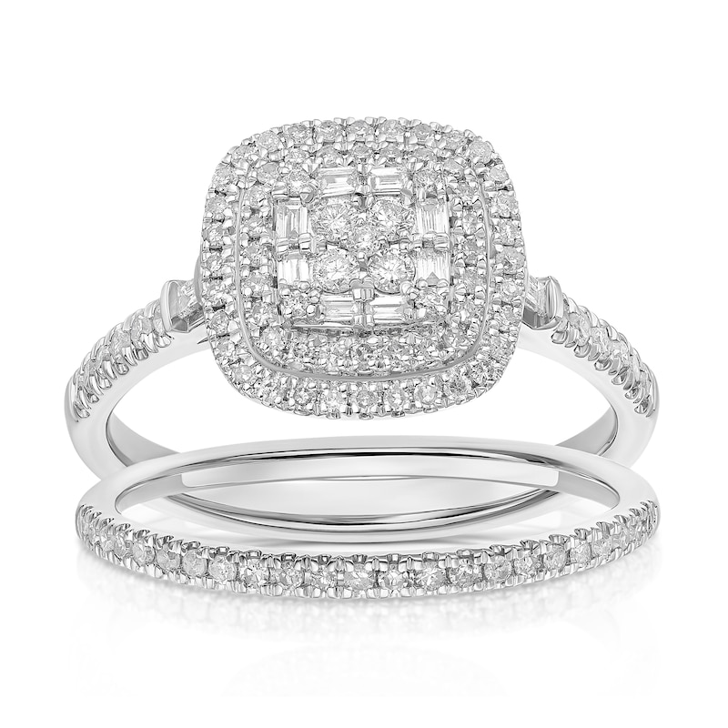 Main Image 1 of 18ct White Gold 0.50ct Diamond Cushion Shaped Cluster Bridal Set